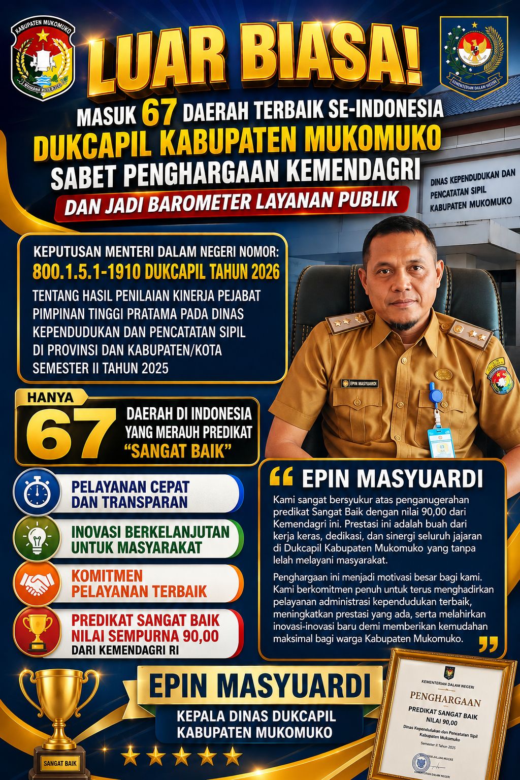 DUKCAPIL KABUPATEN MUKOMUKO SABET PENGHARGAAN KEMENDAGRI